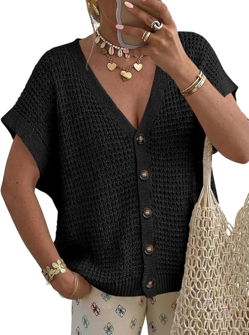Fisoew Women's Short Sleeve Crochet Cardigans Sweater Tops Summer Button Down V Neck Casual Knit Hollow Out Beach Cover Ups (Medium, Black)