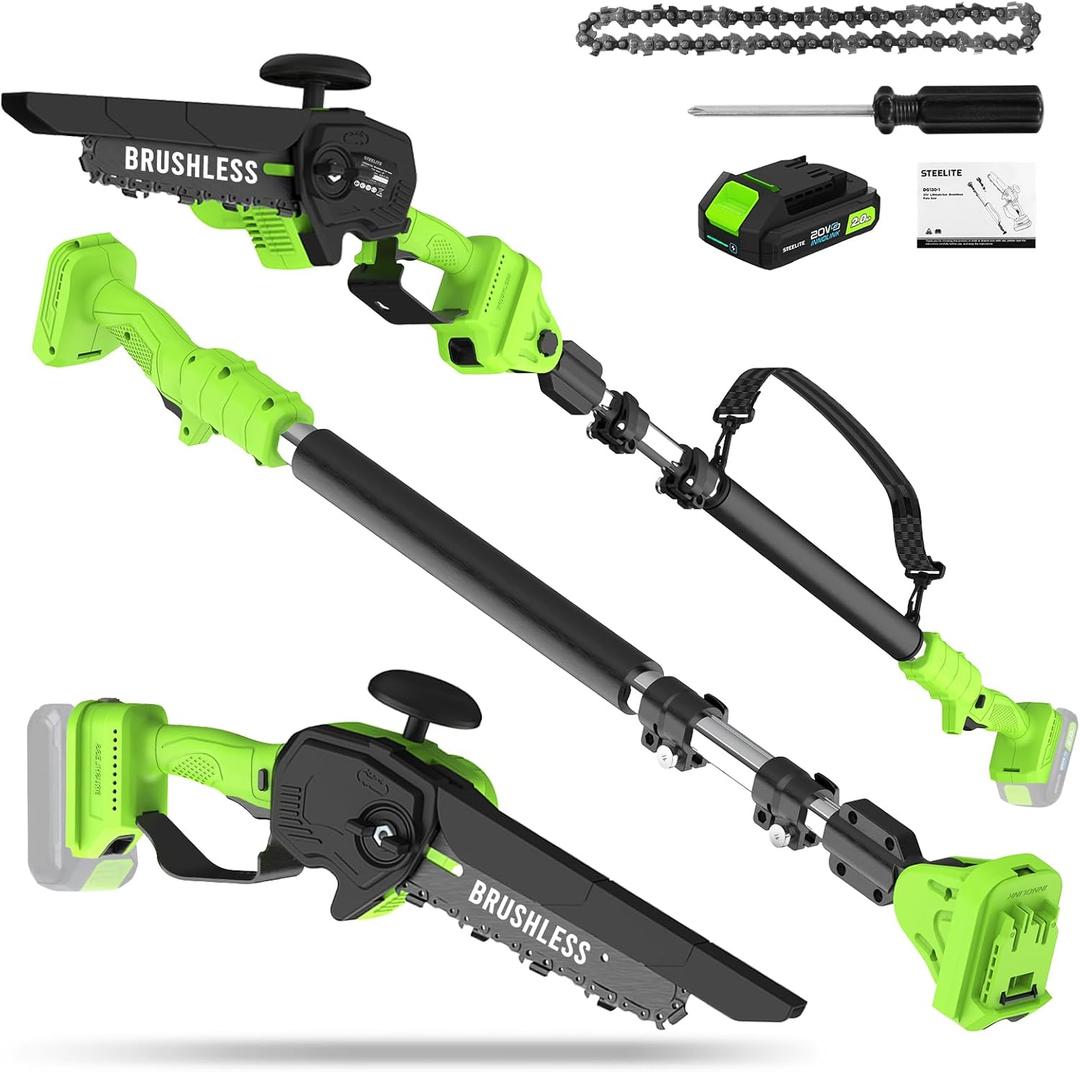 STEELITE 2-IN-1 Pole Saw & Mini Chainsaw, 21V*2.0Ah Max Battery & Charger, 13 FT Max Reach Pole Saw, 5.29 lbs Lightweight, Electric Pole Saws for Tree Trimming, Brushless Motor
