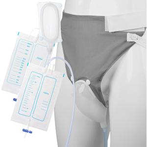 Wearable Urine Collector for Men with Breathable Cotton Fixing Pants Reusable Silicone Capsule 1.2M Drainage Tube and 1000ml 2000ml Urinary Drainage Bags, Elderly Men Grey