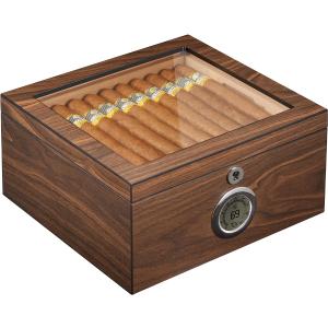 Cedar Cigar Humidor 60-Cigar Capacity with Lock & Digital Hygrometer, 2 Cigar Humidifiers & Easy Humidification System, Slotted Tray, Shelf, and Dividers - Ideal Gift for Cigar Lovers (Brown)