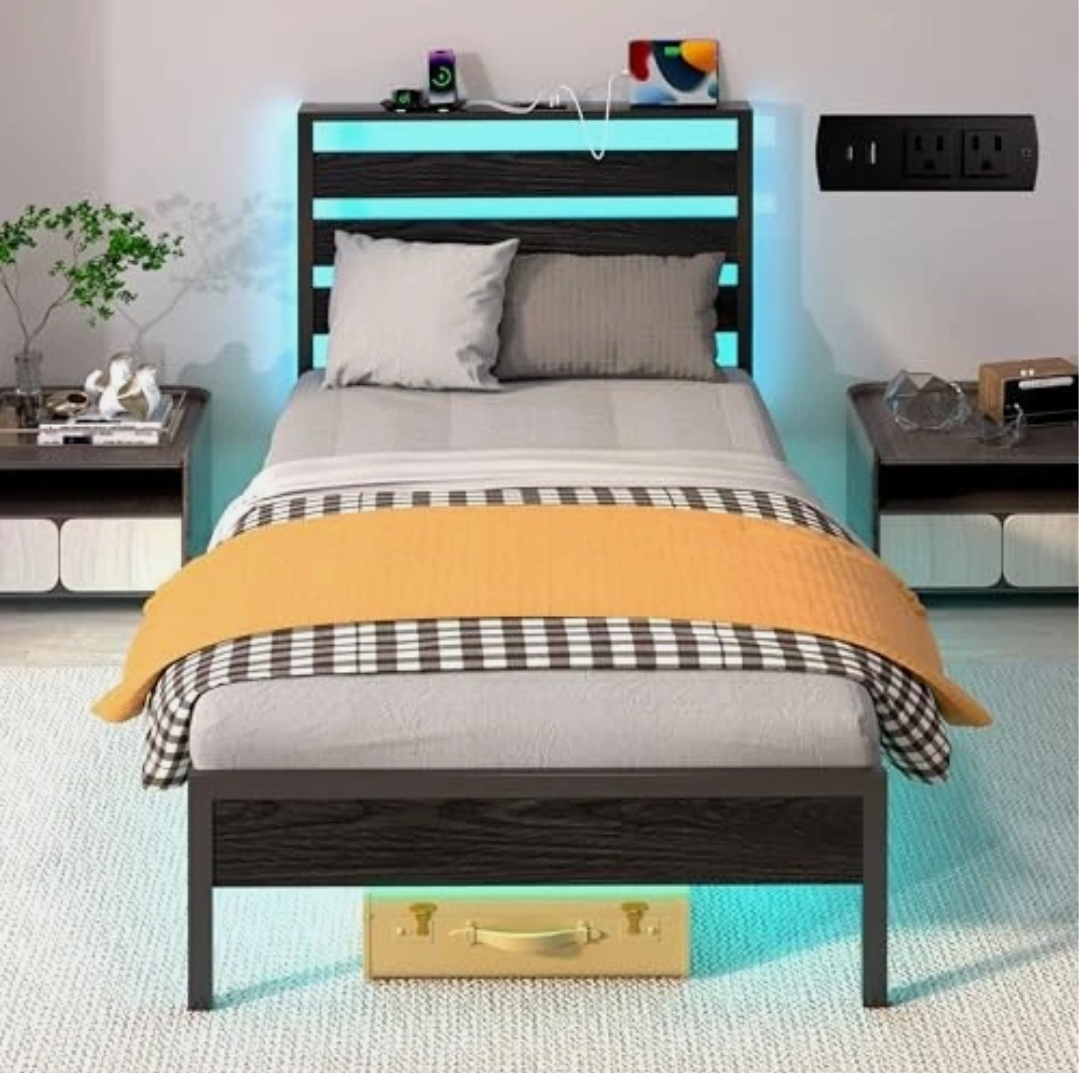 J.Fkne Twin Bed Frame with LED Lights & Charging Station, Metal Platform Bed with Headboard, Heavy Duty Metal Slats, No Box Spring Needed, Noise Free, Easy Assembly
