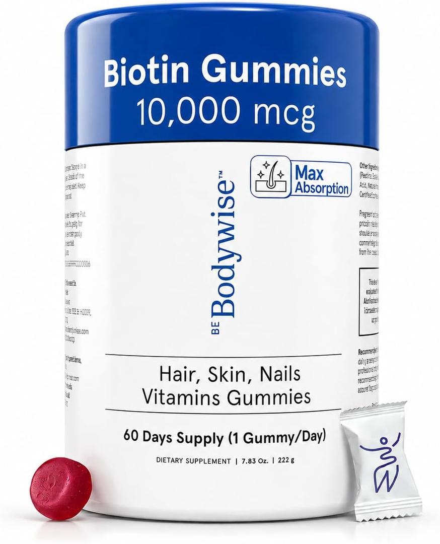 Be Bodywise Biotin 10000mcg Gummies | Hair Nail and Skin Vitamins | Biotin for Hair Growth for Women | Refined Sugar Free | 60 Day Pack (1 Gummy/Day) | Max Absorption