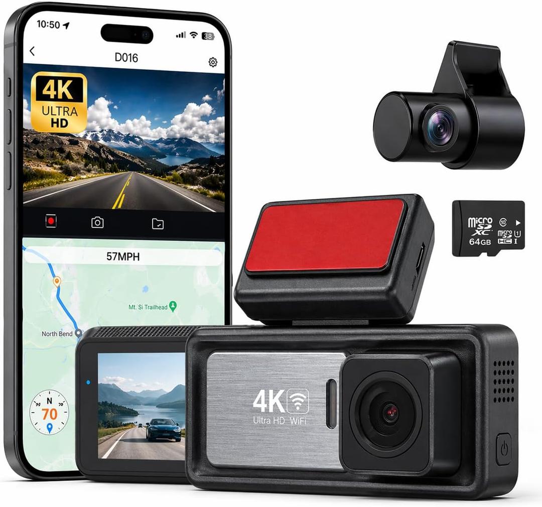 Pentro 4K Dual Dash Cam Front and Rear UHD 2160P & 1080P Car Camera with WiFi 64GB SD Card Included Night Vision, G-Sensor, Parking Mode & Loop Recording 170 Wide Angle