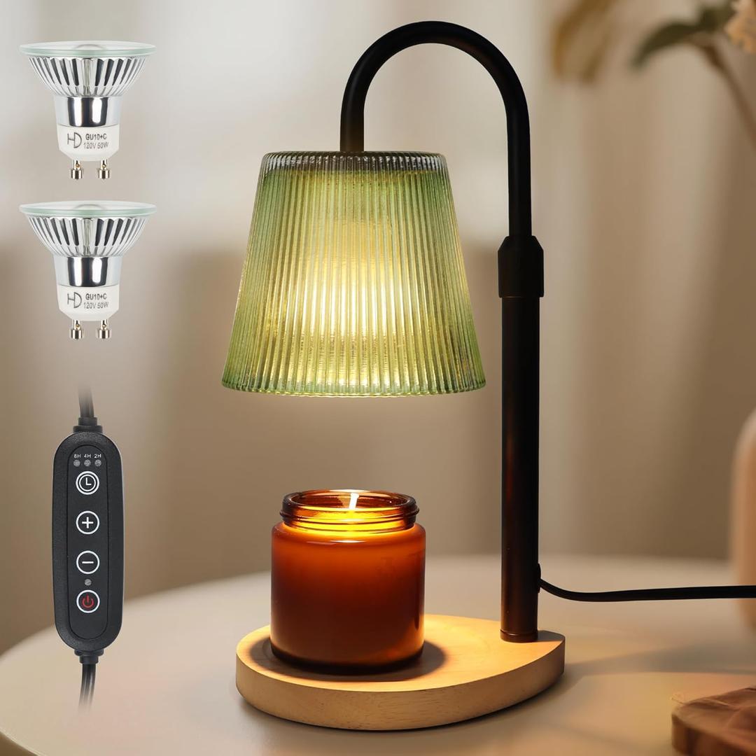 Candle Warmer Lamp with Timer and Dimmer - Glass Electric Wax Melt Heater with Wood Holder for Home Dcor, Bedroom, Office & Living Room (2 Bulbs Included) (Green)
