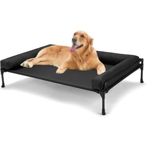 Veehoo Elevated Raised Dog Bed-Cooling Outdoor Dog Cot Bed for Large Sized Dogs Three-Sided Fence Raised Pet Cot with Mesh & No-Slip Feet Dog Hammock Bed with Removable Bolster-41 x 27" Black