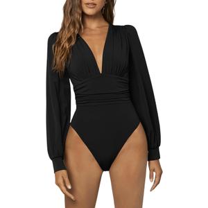 GORGLITTER Women's Sexy Ruched Deep V Neck Long Sleeve Bodysuit Plunging Neckline Leotard Shirts (Medium, Black)