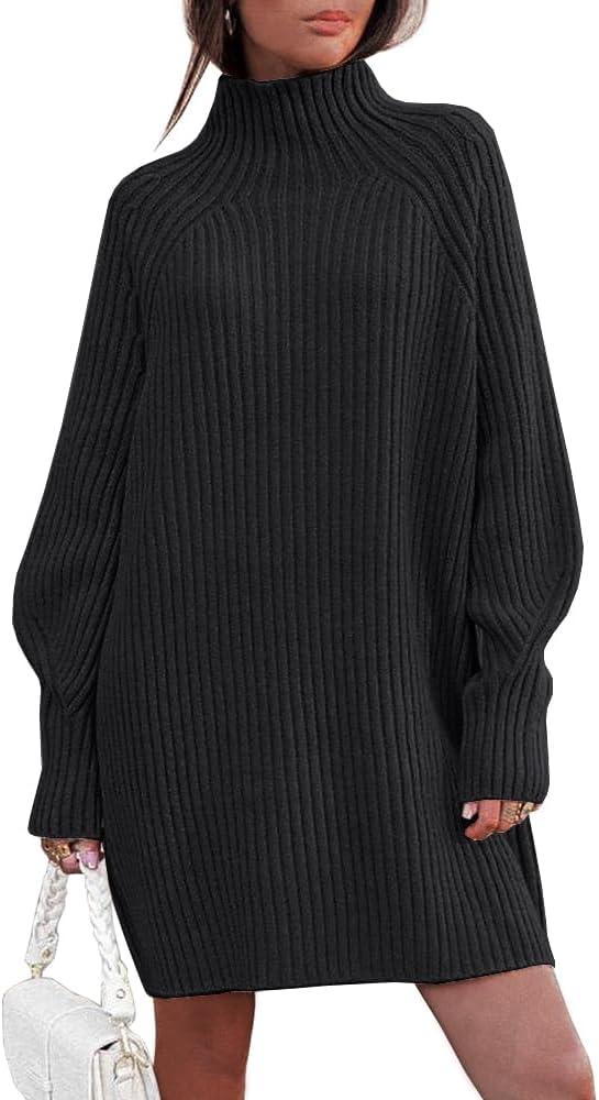 LILLUSORY Sweater Dresses for Women 2026 Fall Fashion Mock Neck Long Lantern Sleeve Oversized Outfits Knit Tops Clothes (Medium, Black)