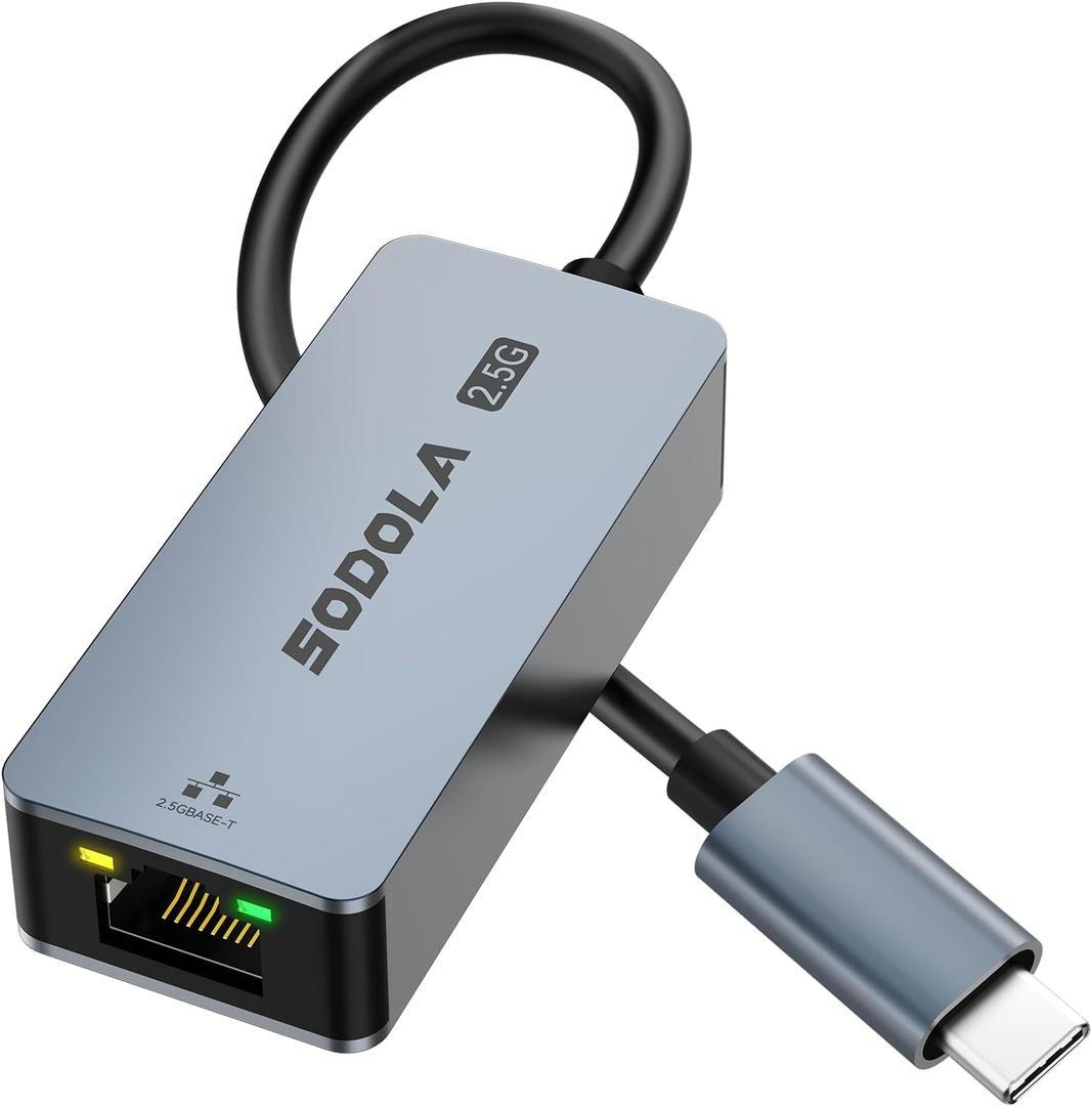 Sodola USB C to Ethernet Adapter 2.5G, Ethernet Adapter for Laptop, Aluminum, Type C to RJ45 Network Internet LAN Adapter, Compatible for NAS, MacBook Air/Pro, iPhone 15/16 Pro/Max