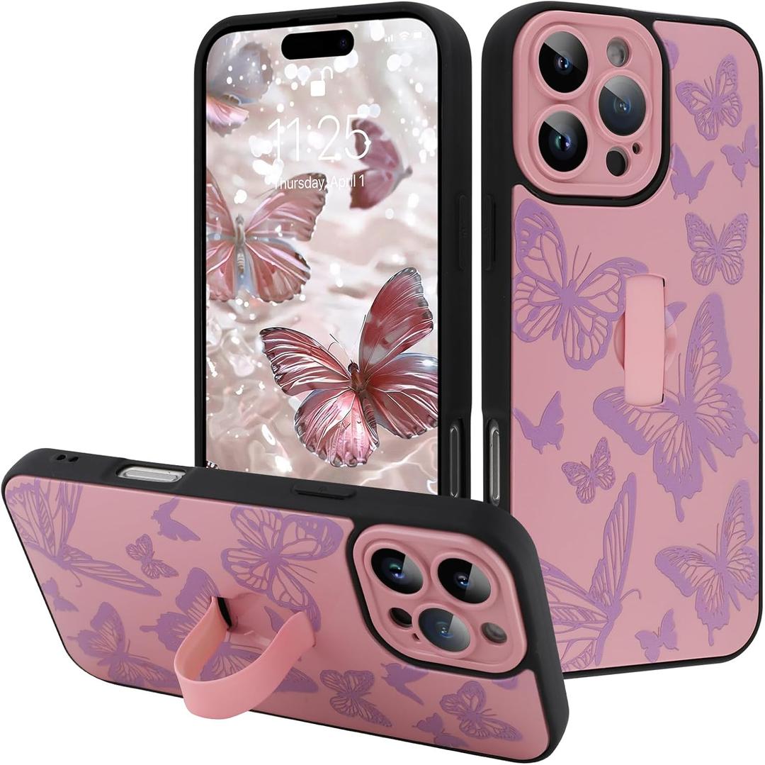 for iPhone 16 Pro Case with Finger Strap Holder, Cute Cool Butterfly Print Pattern Design for Women Girls, Shockproof Anti Scratch Hand Kickstand Protective Cover, Pink