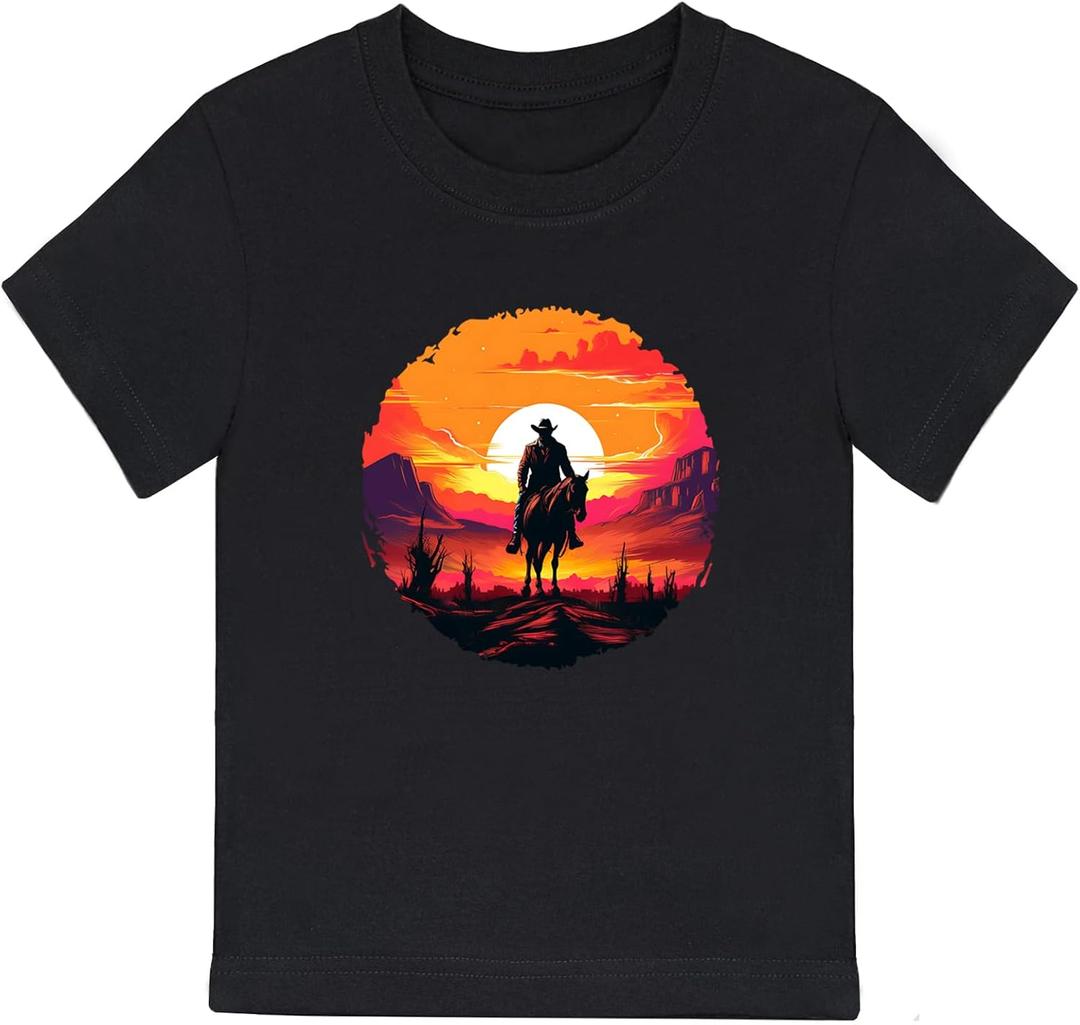 Cowboy Shirts for Boys Vintage Western Style Denim Graphic Cotton Crew Neck T-Shirt Size: 2-7 Years (US, Age, 5 Years, 6 Years, Black Cowboy Sunset)