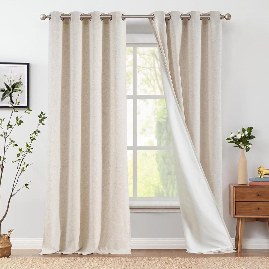 jinchan Lined Curtains 108 Inch Long for Living Room Non-See-Through Privacy Linen Curtains 2 Panels Beige, Room Darkening Window Curtains Farmhouse Light Filtering Drapes for Bedroom, 50 x 108 Inches