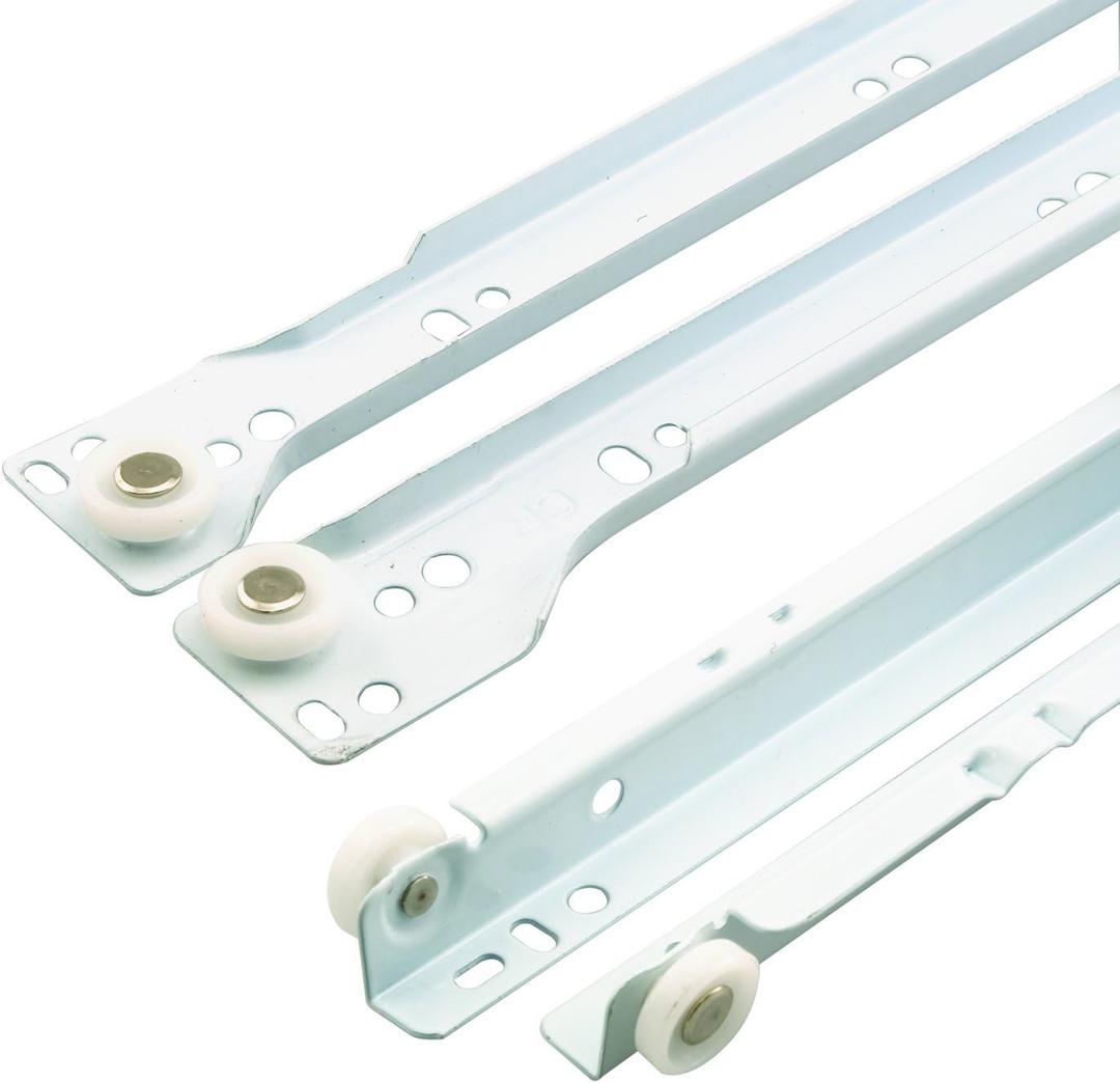 Prime-Line MP7211 Drawer Slide Kit Replace Drawer Track Hardware Self-Closing Design Fits Most Bottom/ Side-Mounted Drawer Systems 17-3/4 In. Steel Tracks, Plastic Wheels, White (1 Pair)