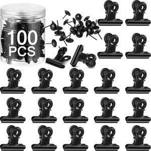 100 Set Push Pin Clips for Cork Board, 100 Metal Clip + 100 Push Pins Set, 1.2" Bulletin Board Clips for Hanging Photos, Bulletin Notes Papers Office Art Craft Wall Display