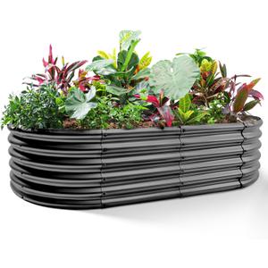 Land Guard Galvanized Metal Raised Garden Bed Kit, 8x4x1.5ft Large Planter Boxes Outdoor, Oval Gardening Box, Patio Garden Planter Box for Vegetables (Grey)