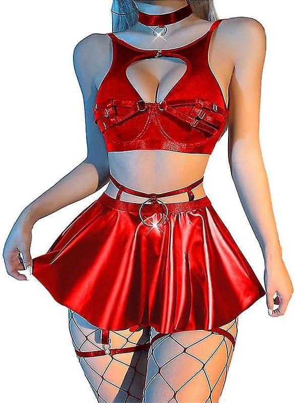 Lilosy Sexy Stocking Chocker Strappy Underwire O Ring Push Up Garter Belt Women Skirt 5 Piece (X-Large, Red)