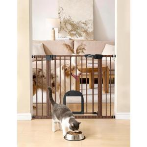 Babelio CatPrivilege Ⅲ Baby Gate with Cat Door, 29"-43" Adjustable Black Wood Pattern Pet Door, 30" Tall Pressure Mounted Safety Gate for Stairs & Doorways, Auto Close,Wall Protectors Included