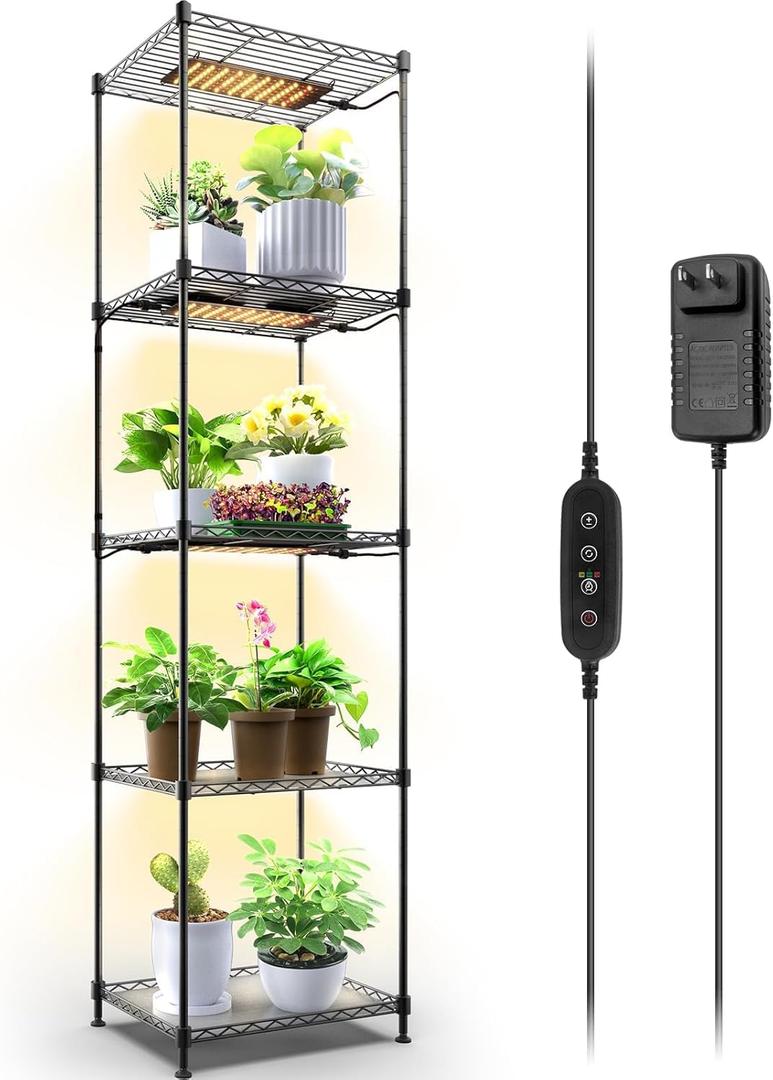 Barrina Plant Shelf with Grow Light, 5-Tier, Plant Stand with 40W Ultra-Thin Grow Light Panel for Hydroponics, Seedlings, Succulents, Flowers, Veg, 3/6/12h Timer, 15.7" L x 11.8" W x 59.1" H