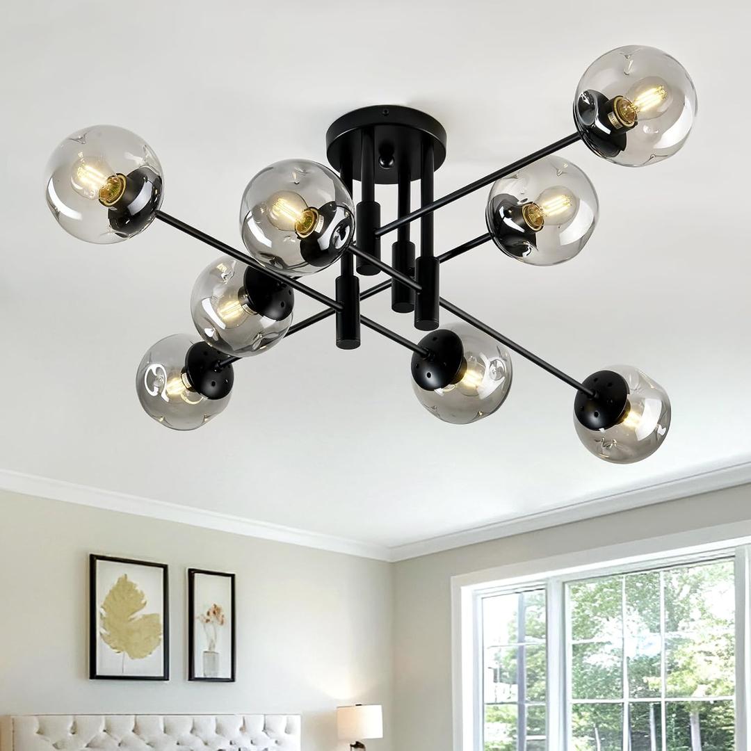 8 Light Glass Globe Ceiling Light Black Mid Century Flush Mount Sputnik Light Fixture Bubble Chandelier Living Room Farmhouse for Dining Room Kitchen Bedroom.