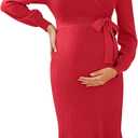 V FOR CITY Maternity Sweater Dress for Baby Shower Party Wrap V Neck Puff Sleeve Tie Waist Pleated Midi Dresses (Small, Red)