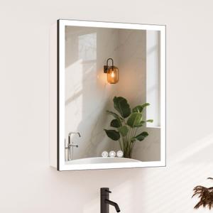 GKCXOIUA 24"x32" Medicine Cabinet with Mirror and Lights, Surface or Recessed LED Bathroom Mirror Cabinet with Outlet & USB Ports, Defogger, Dimmer, Memory Function, Clock & Temp,Black