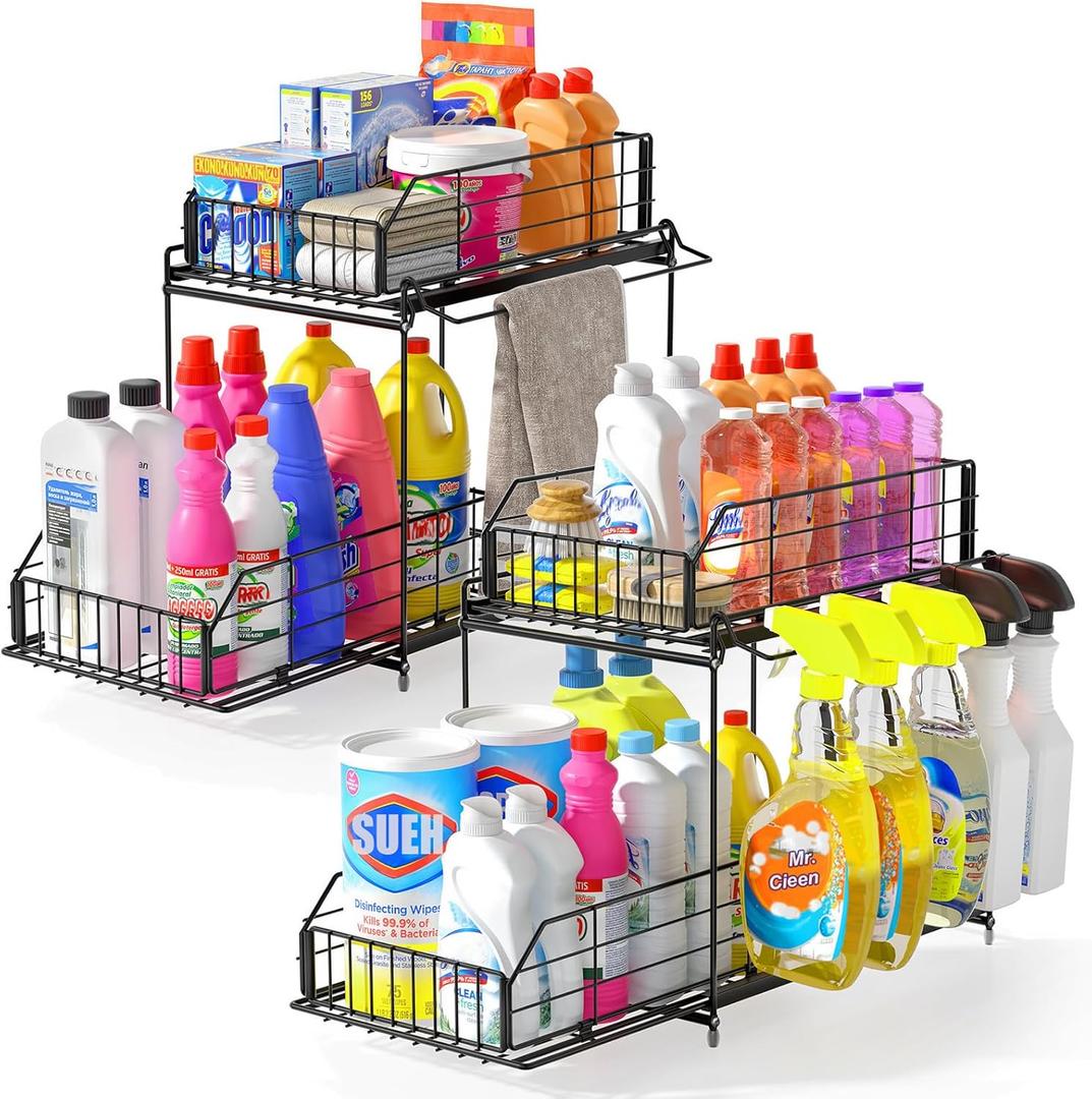 SUEH DESIGN Under Sink Organizers and Storage, 2 Tier Metal Under Sink Storage with Hanging Rail for Kitchen Bathroom Cabinet Organizer, 2 Pack (10.3"W x 15.6"H Wider 2 Pack)