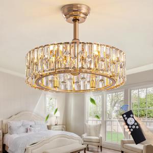 Siljoy 20'' Gold Caged Crystal Ceiling Fan with Light, Modern Bladeless Chandelier Fan with Remote, 6 Speeds, Noiseless DC Motor, Enclosed Fandelier for Living Room Bedroom Nursery