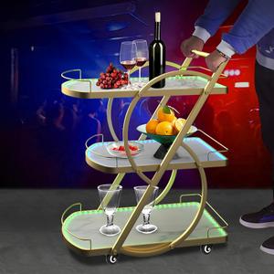Bar Serving Cart with LED Light, Illuminated 3-Tier Rolling Bar Cart, Metal Utility Beverage Trolley, Mobile Serving Cart with Wheels and Handle for Home, Kitchen, Bar, Party (GW01), White
