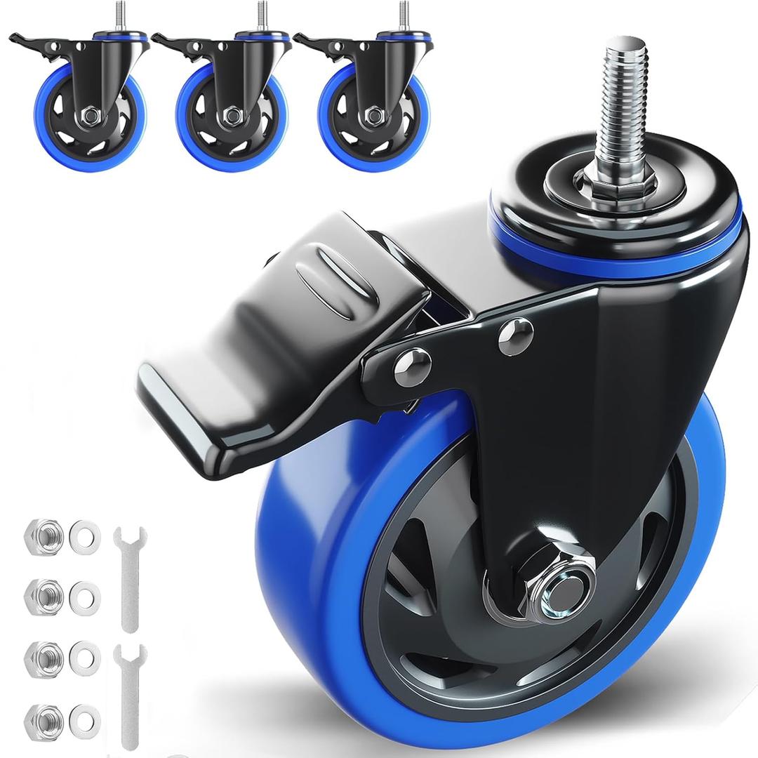 Stem Caster Wheels 5 inch Heavy Duty Threaded Stem Mount Casters Set of 3 with American Size UNC 1/2"-13 x 1 Swivel Industrial Castors with Safety Dual Locking Wheel for Furniture and Cart