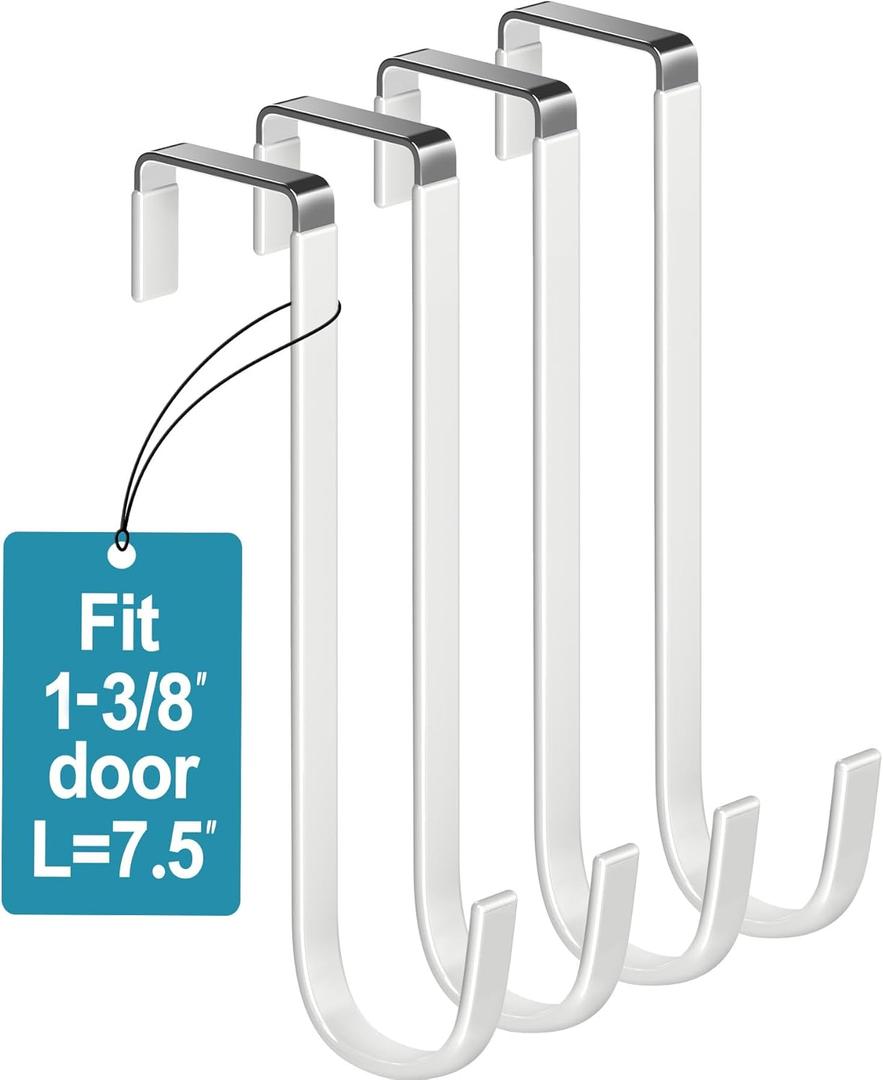 Over The Door Metal Hooks with Plastic Coating 7.5" Fit 0.5" to 1 3/8" Door 4 Pcs Heavy Duty Single Towel Robe Rack Wreath Bathroom Shower Hanger Shoe Organizer Ironing Board Long White