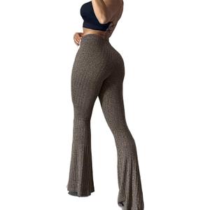 Women's High Waisted Ribbed Knit Flare Pants Stretchy Bell Bottom Trousers Butt Lift Lounge Yoga Large