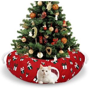 Cat Tunnel Bed 3ft x 3ft x 9.8 in Under Christmas Tree Cat Circle Tunnel Decorative Xmas Folded Cave for Small Animals Kitten Kitty Red Christmas Festive Felines Pet Gifts