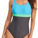 Womens One Piece Swimsuit Scoop Open Back Athletic Training Swimwear Color Block Sport Bathing Suit (Blue, M)