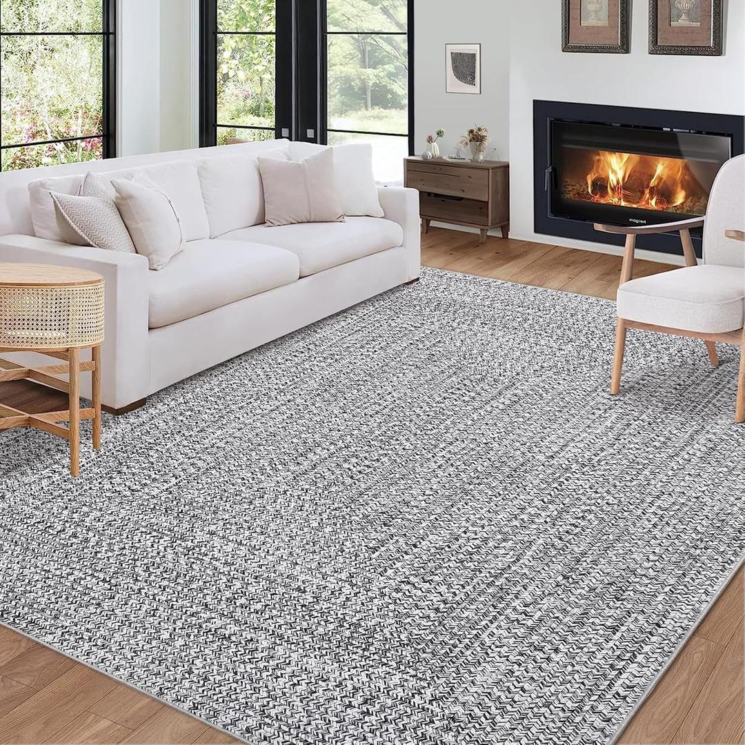 ROYHOME Machine Washable Braided Area Rug, 4x6, Stain Resistant, Non-Slip, Farmhouse Solid Printed Textured Accent Rug, Grey