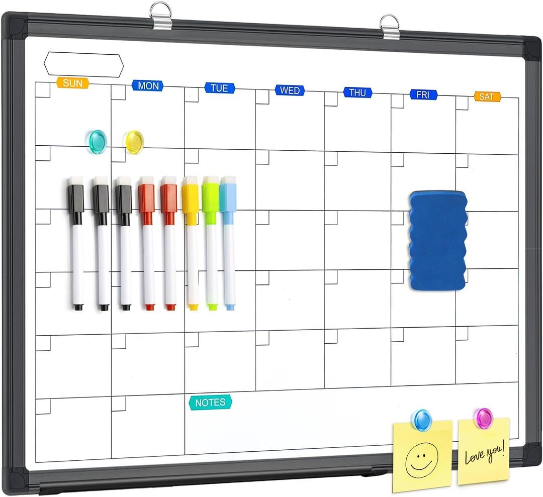 Dry Erase Calendar Whiteboard for Wall, 24" x 18" Magnetic Monthly White Board Calendar Dry Erase, Black Aluminum Frame with Tray for Home, School, Office