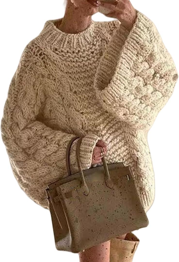 NRTHYE Women's Oversized Cable Knit Sweater Tops Loose Long Sleeves Crewneck Chunky Slouchy Baggy Pullover Sweaters (M)