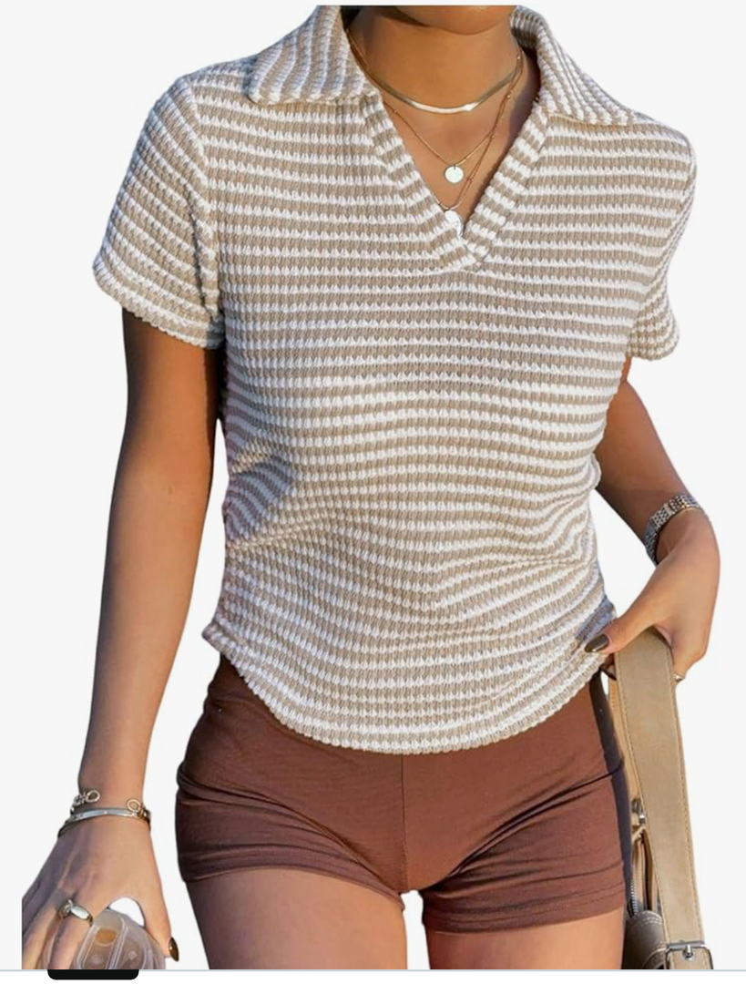 OYOANGLE Women's Striped Knitted Tee Shirt Short Sleeve Collar Top Ruched Going Out Tops Medium
