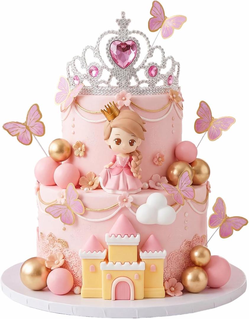 24Pcs Princess Castle Cake Topper Princess Cake Decorations with Crown Cake Topper for Princess Birthday Party Supplies