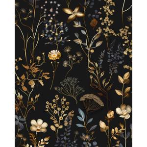 Black Floral Peel and Stick Wallpaper Vintage Boho Gold Leaf Contact Paper Flower Wall Mural Home Vinyl Waterproof Self Adhesive Removable Renter Friendly Wall Paper 17.5" x 118" (Multicolor)