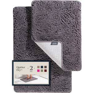 2 Piece Bathroom Rugs Bath Mat Set - Soft Plush Chenille Non-Slip Bath Rug With Rubber Backing, Ultra Absorbent Bathtub Mat - 30x20 + 24x17 Inch (01 Gray)