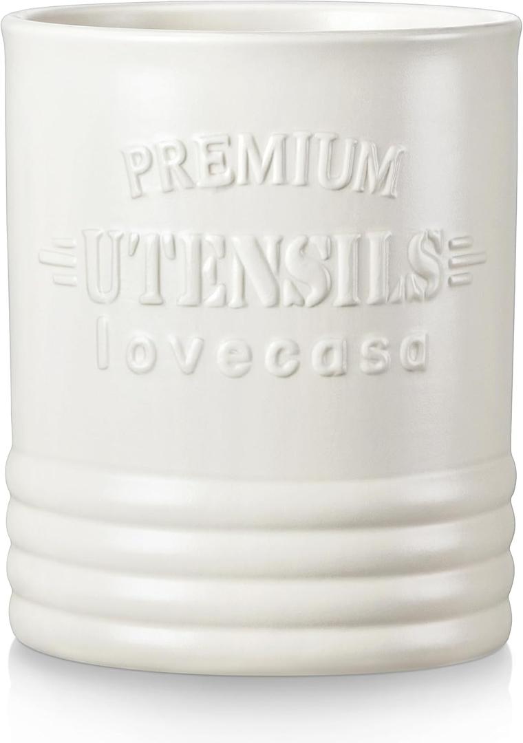 LOVECASA Vintage Utensil Holder for Kitchen Countertop, 7.2” Large Ceramic Utensil Crock for Home Décor, Farmhouse Utensil Vase for Housewarming, Wedding, Birthday Gift - Cream White