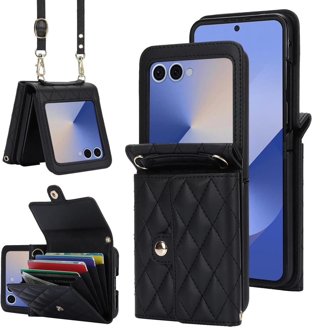 Samsung Galaxy Z Flip 7 Accordion Crossbody Wallet Case, 4 Card Slots, RFID Blocking, and Adjustable Strap - Stylish and Versatile Accessory.(Black)