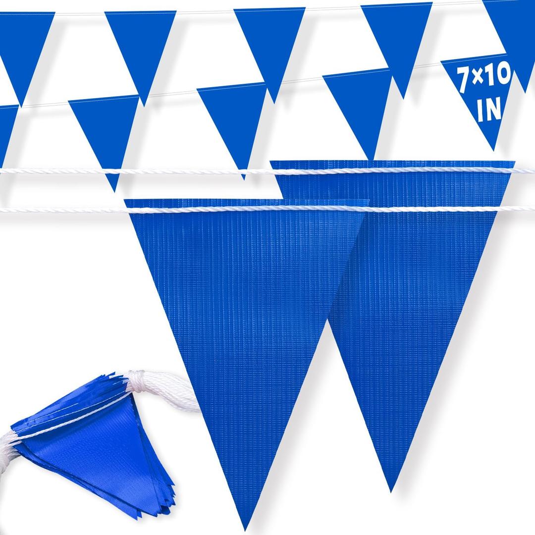 105ft Pennant Banner Flag, 7"x10" Fluorescent Blue Safety Flagging Banner Warning Flag for Construction Site/Traffic Control/Boundary Barrier Signs, Perimeter Marking Flags on String, 45 Flags