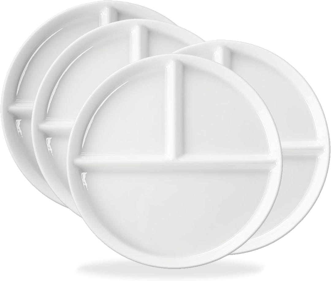 10" Ceramic Divided Plates Set of 4Pcs, Portion Control Plate, Reusable Bariatric Plate for Kids Adults, 3 Compartment Plates, White Dinner Plates for Balanced Meal, Microwave, Dishwasher Safe