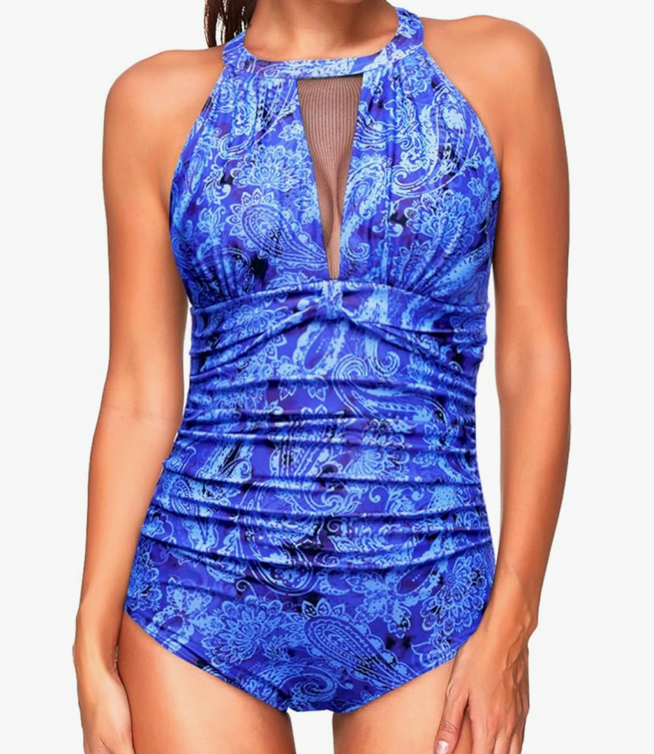 Tempt Me Women One Piece Swimsuit High Neck Plunge Ruched Tummy Control Bathing Suit, XL