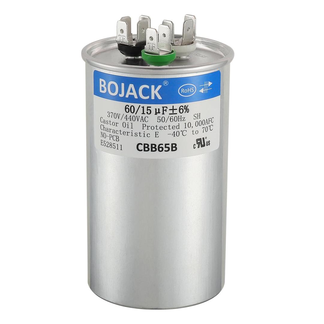 BOJACK 60/15 uF 60+15 MFD 370/440 VAC CBB65B Dual Run Start Round Capacitor for Condenser Straight Cool or Heat Pump Air Conditioner or AC Motor and Fan Starting