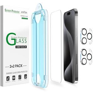 amFilm OneTouch 2+2 Pack Compatible with iPhone 15 Pro Screen Protector 6.1" Tempered Glass with Camera Lens Protector Accessories, Premium Easiest Installation Kit 9H HD, Case Friendly