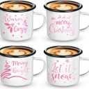 Yaomiao 4 Pack Christmas Gifts Enamel Mugs Warm and Cozy Enamel Tea Cups 12 Ounce Merry and Bright Coffee Mugs Seasonal Holiday Vintage Camping Cup for Women Coworkers (Pink,Bright Style)