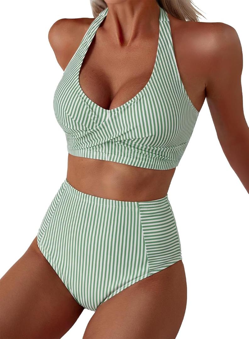 Herseas Women's High Waisted 2 Piece Bikini Sets Halter Patch Pocket Swimsuits Striped Bathing Suit Beach Swimwear 2026 (Medium)