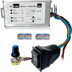 DC Motor Speed Controller DC 12V 24V 36V 48V 60V Pulse Width Modulation PWM Monitor Dimmer Governor 1200W 20A CW/CCW and Rotary Switches