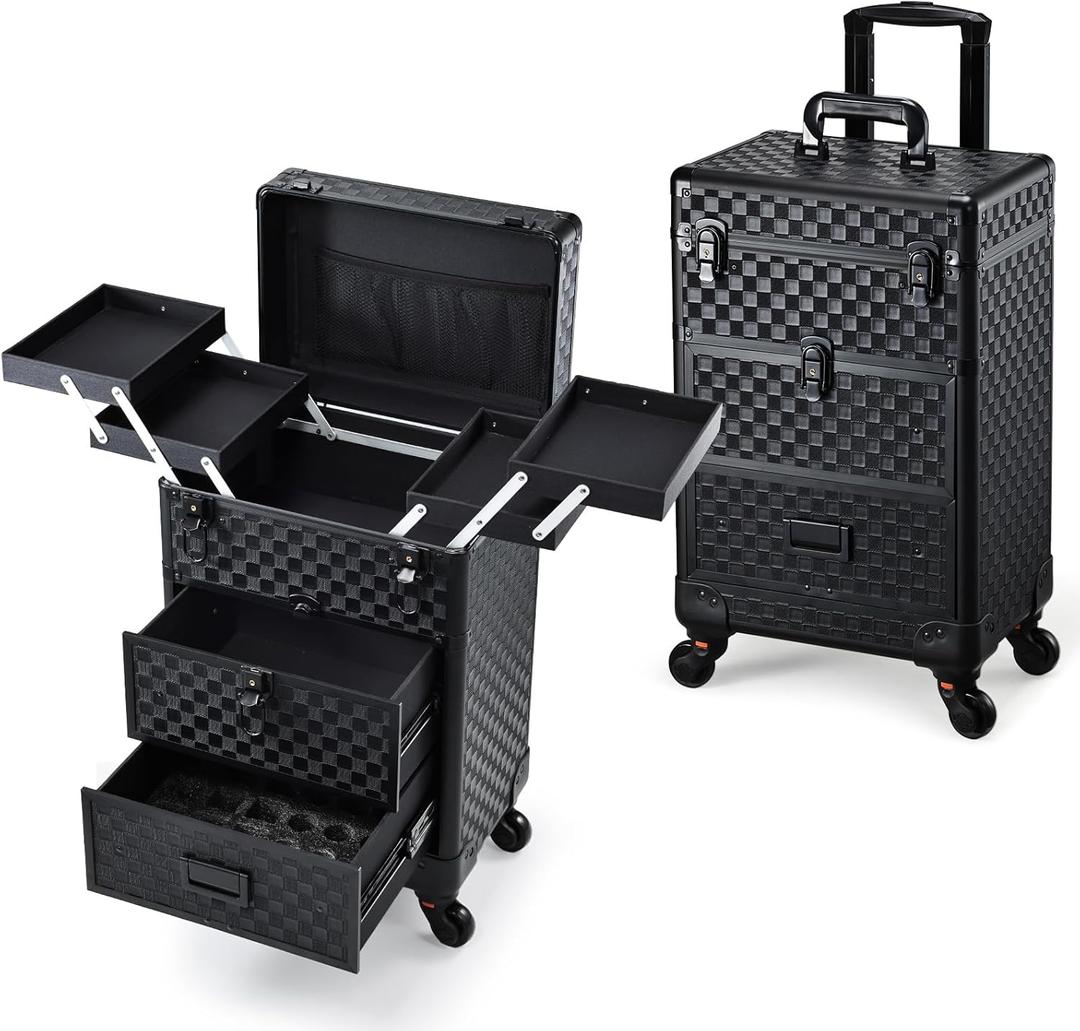 Stagiant Rolling Makeup Case with Drawers Cosmetology Case on Wheels 3 IN 1 Makeup Case 2 Drawers with Foot Stand Spring-release Mechanism Rolling Make Up Organizer for Artist Salon Nail Teach Trunk
